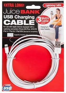 EXTRA LONG 3m Juicebank USB CHARGING CABLE for Apple Devices with LIGHTNING CONNECTION