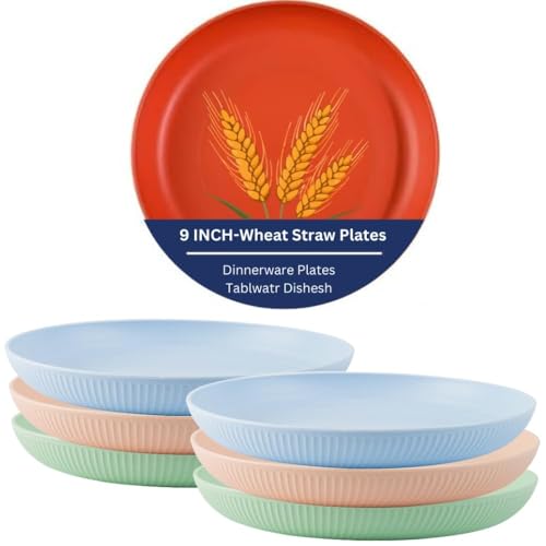 Image of Wheat Straw & Bamboo Fiber Plates Set, Lightweight Unbreakable Dinner Plates, Microwave and Dishwasher Safe, Plates Easy to Clean & Reusable (9 Inches, Random, Set of 6)