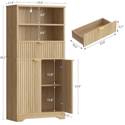 Image of TEENFON Tall Storage Cabinet with Adjustable Shelf & Drawer, Fluted Cabinet with Doors, Kitchen Pantry Cabinets, Bathroom Storage Cabinets, for Living Room, Entryway, Home Office, Natural