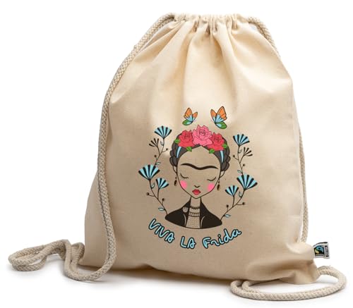 rainUP Mochila de Algodón Orgánico 100% - Diseño Artístico Inspirado, Resistente y Cómoda, Ideal para Regalo, Compras, Viajes y Trekking (Viva la Frida)