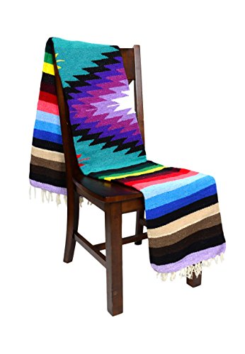Open Road Goods Mexican Diamond Pattern XL Yoga Blanket - Thick Serape with Stripes - Turquoise
