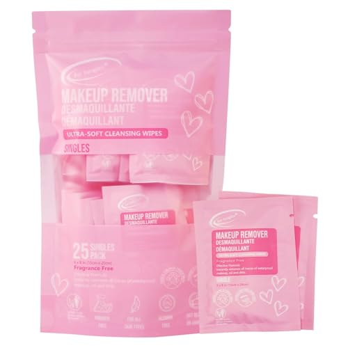 Air Jungles Makeup Remover Wipes Single Wrapped, 25 Ct, Mini Travel Size for Cleansing Face and Eyes, Fragrance-Free, Alcohol-Free, Infused with Vitamin E for All Type Skin