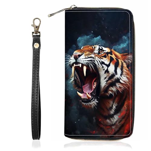 BWOOLL Roaring Tiger Print Wallet for Women Large Capacity Wallet Credit Card Holder PU Leather Zipper Clutch Purse Phone Wallet