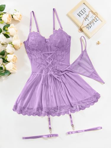 Image of Lilosy Sexy Garter Belt Mesh Lace Babydoll Lingerie Dress Set with Thong