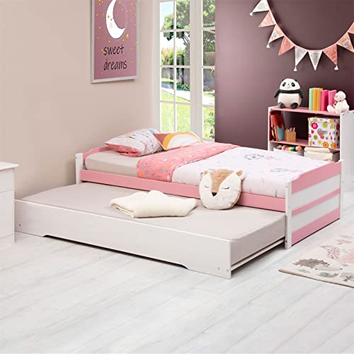 IDIMEX Lit gigogne Lorena 1 Personne tiroir lit Fonctionnel 90 x 190 cm pin Massif lasuré Blanc et Rose