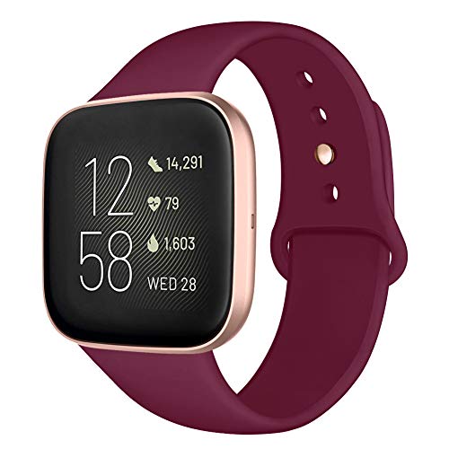 Kmasic Sport Band Compatible with Fitbit Versa/Fitbit Versa 2/Fitbit Versa Lite Edition, Soft Silicone Strap Replacement Wristband Versa Smart Fitness Watch, Wine Red with Rosegold Buckle, Small