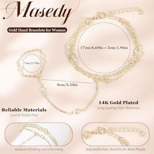 14K Gold Plated Hand Chains Bracelets for Women Trendy Stack CZ Beaded Finger Chain Dainty Adjustable Finger Rings Bracelets Charm Link Chain Beach Summer Fashion Hand Jewelry2