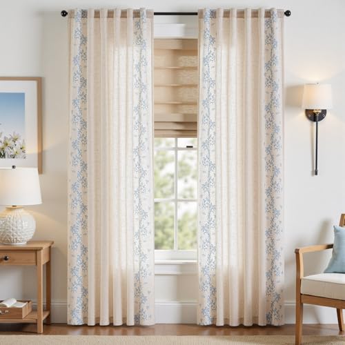 Image of jinchan Floral Linen Curtains, Back Tab 50x84 Inch, 2 Panels Blue
