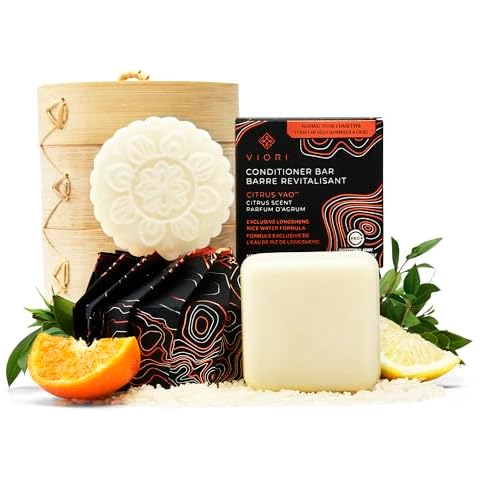 Viori Citrus Yao Shampoo and Conditioner Bar Set and Bamboo Holder - Made with Rice Water for Hair Growth - Handcrafted Sulfate Free Shampoo and Conditioner Cover