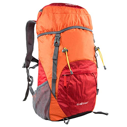 G4Free Lightweight Packable Hiking Backpack 35L Travel Camping Daypack Foldable (Orange/Red)