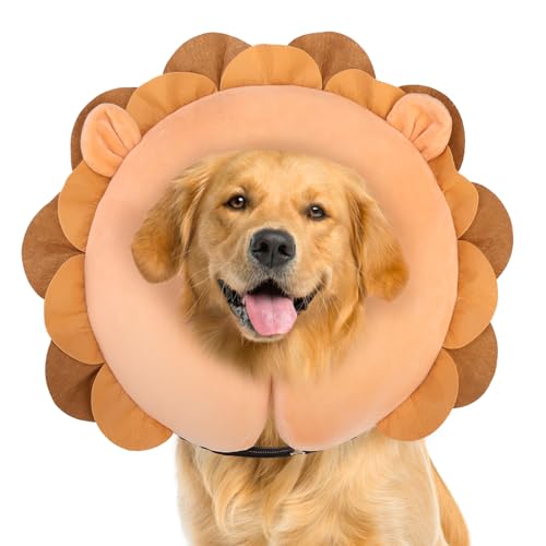 Image of BEAUTYZOO Dog Cone Alternative After Surgery for Large Medium Small Dogs, Soft Inflatable Cone Collar for Dogs Cats, Dog Neck Donut E Collar Dog Recovery Collar to Stop Licking, Lion, L