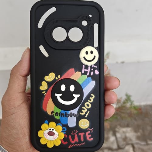 Image of Outlouders Back Cover for Nothing Phone 2A / Nothing Phone 2A Plus | Cute Rainbow Smile 3D Cartoon Flower | Soft Silicone Raised Camera Protection Bumper Case (Black)