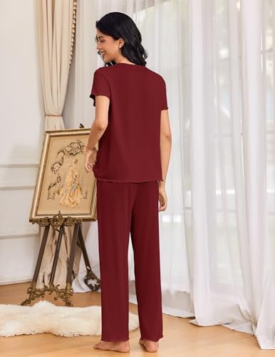 Ekouaer Womens Pajama Sets 2 Piece Lounge Set Soft Pajamas for Women Set Short Sleeve and Long Pants Pjs with Pockets Red — view 5