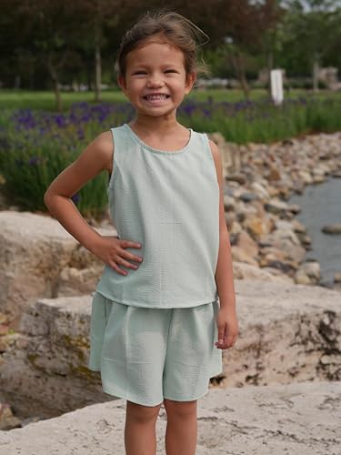 Image of Arshiner Girls Summer 2 Piece Outfit Sleeveless Top and Paperbag Waist Shorts with Pockets Kids Shorts Set Ages 5-13