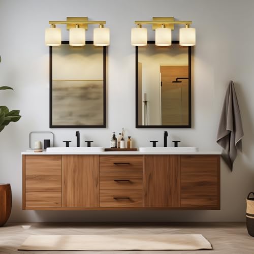 PARTPHONER Bathroom Light Fixtures, Bathroom Lighting Fixtures Over Mirror, Interior Classic Vanity Lights, Modern Vanity Light with Textured White Glass Shade, Brushed Gold, 3-Light by PARTPHONER - Image 8