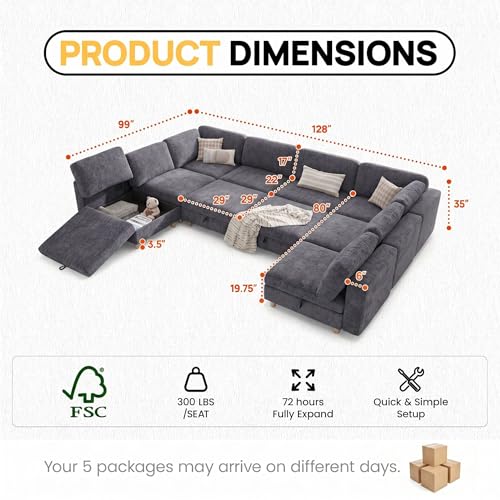 Image of 157 inch Modular Sectional Sleeper Sofa, 10 Seaters Chenille Modular Sectional Sofas, Sleeper Sofa Bed with Storage & Ottoman, Sleeper Couch with Removable Covers, Grey Sectional Couches for Living Room