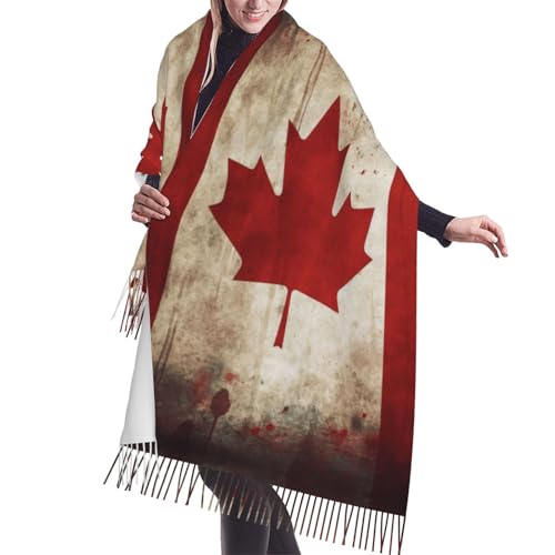 RLDOBOFE Schal für Damen, Schal, Winter, warm, Retro, Kanada-Flagge, Schal, Fransen, langer Schal, weicher Quastenschal, schwarz, Einheitsgröße