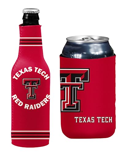 College Team Color Logo Can & Bottle Holder Insulator Beverage Cooler Set (Texas Tech (Red Raiders) Crest/Logo)