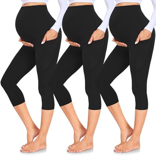 GROTEEN 3 Pack Womens Maternity Capri Leggings Over The Belly with Pockets Maternity Shorts Summer Pregnant Clothes Black/Black/Black