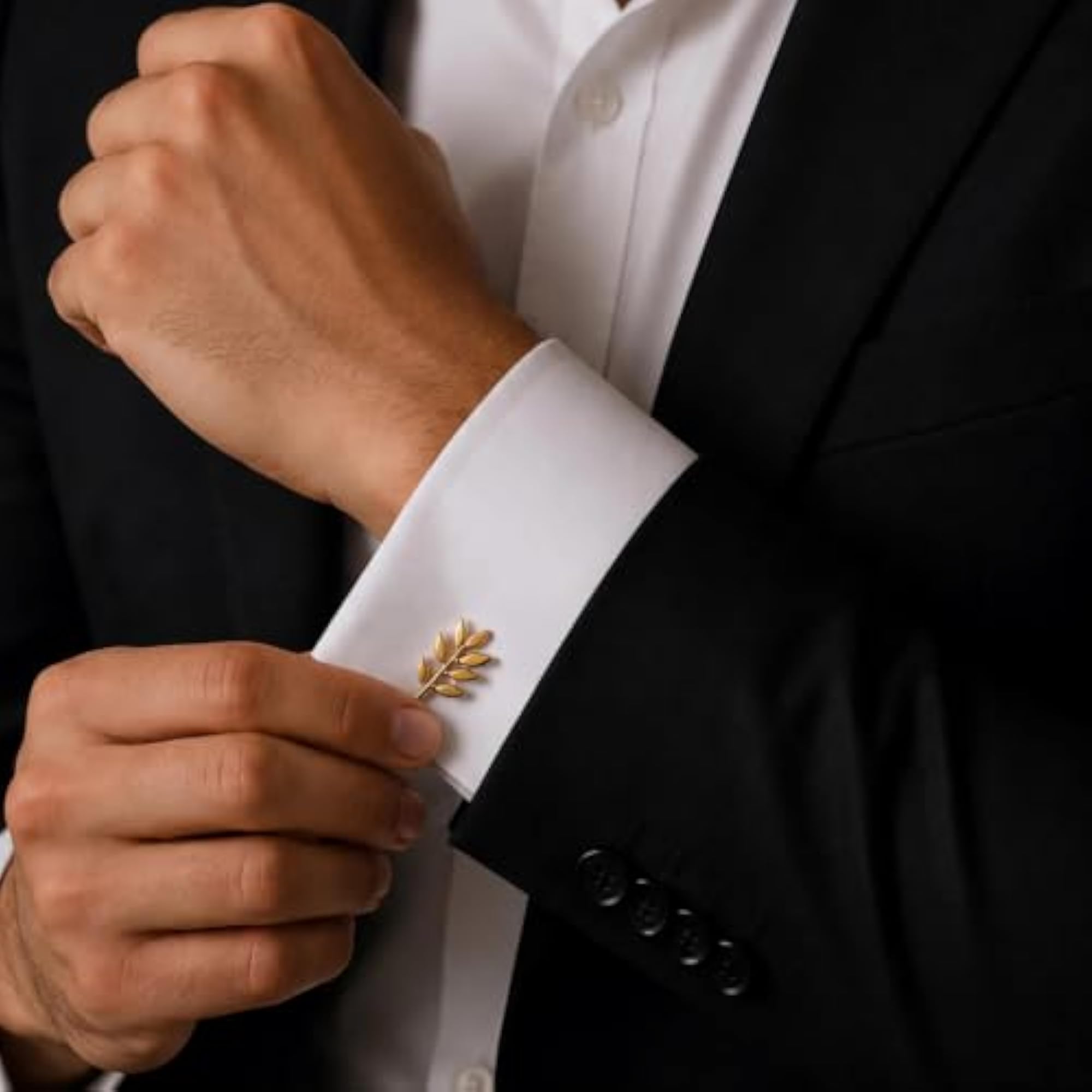 Olive Branch Cufflinks for Men, Brass Leaf Design