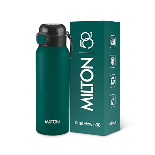 Image of Milton Dual Flow 600 Thermosteel Water Bottle 595 ml with One Touch Safety Lock & Twin Lid Sip or Gulp,Long Hours Hot & Cold,Leak Proof,ISI Certified,Vacuum Insulated,for Office,Gym,School,Dark Green