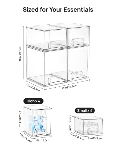 Image of Vtopmart Stackable Storage Drawers Set of 8, Clear Plastic Organizer Bins for Baby Bottle, Beauty Supplies Storage, Ideal for Kichen Countertop, Vanity, Bathroom, Cabinet, Pantry Organization