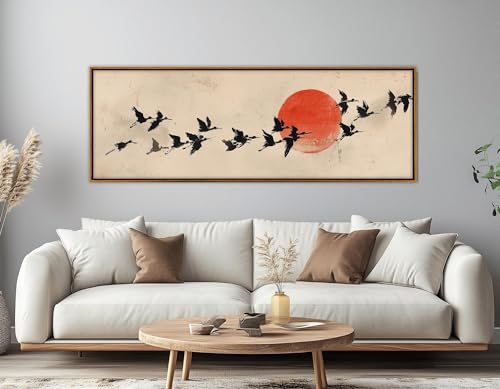 Décoration murale japonaise oiseaux volants soleil rouge