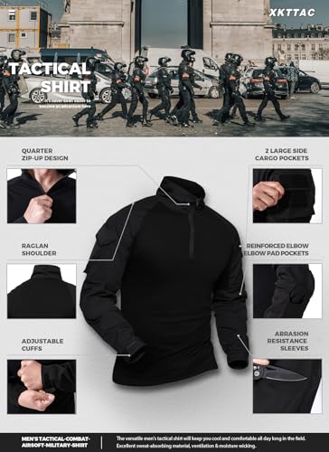 XKTTAC Combat Shirt Tactical mit 2-4 Taschen Herren Militär Ausrüstung Security Outdoor Polizei Hemd Bundeswehr Paintball Airsoft(B-bk/2 Taschen,L)