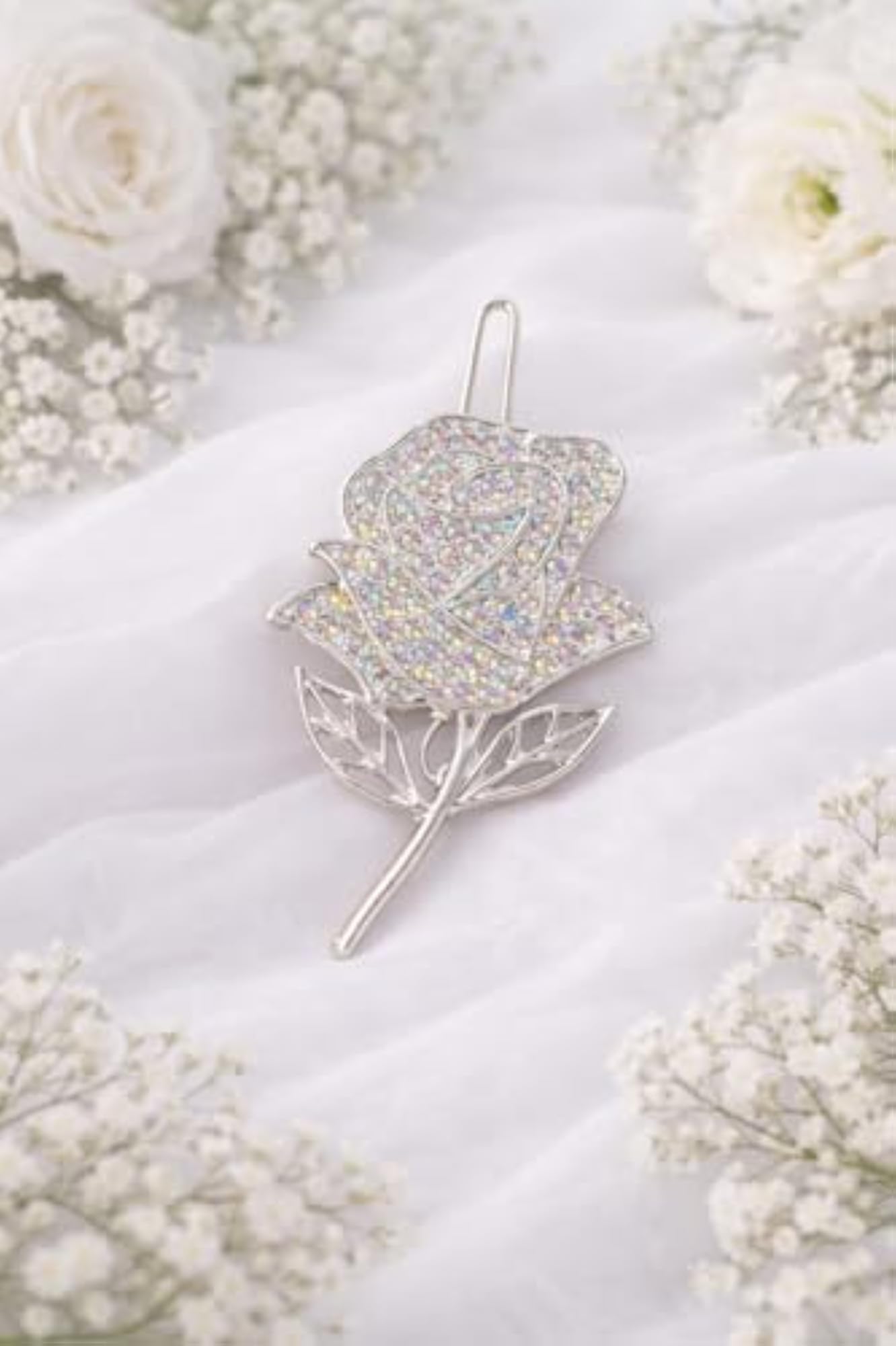 Crystal Rose Hair Pin, Silver, Rhinestone Embellished