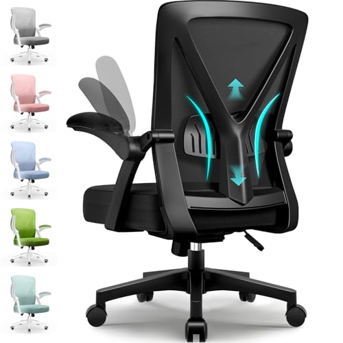 Airchros Bürostuhl Ergonomisch,Schreibtischstuhl mit Hochklappbaren Armlehnen,Einstellbare Lendenstütze,Höhenverstellbarer Chefsessel Drehstuhl,Netzstuhl mit Wippfunktion bis 125°,Schwarz