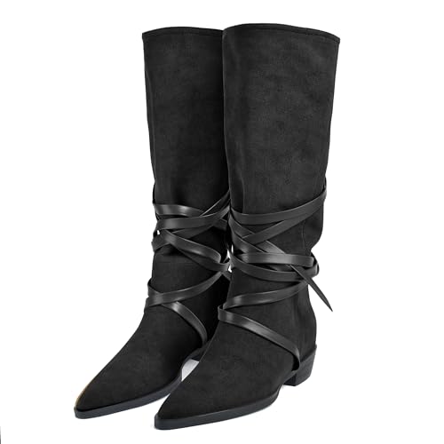 JANSEVEN Western Mid Calf Cowgirl Boots for Women Cowboy Casual Boots Strappy Pointed Toe Lace Up Boot Low Heel Boot