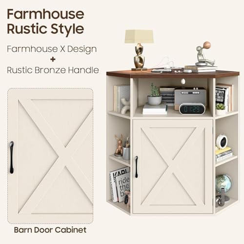 Image of Halitaa Corner Storage Cabinet, 6-Cubby Wooden Cabinet with USB Ports and Outlets, Farmhouse Corner Bookshelf with Storage Industrial Organizer for Study, Playroom, Living Room, White and Brown