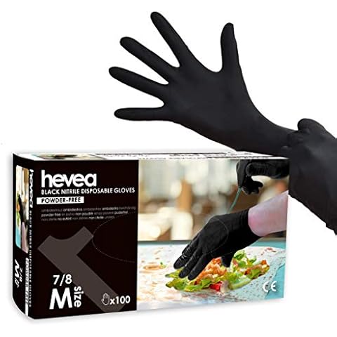 Hevea Black Nitrile Disposable Gloves, Powder-free, Box of 100, Medium Cover