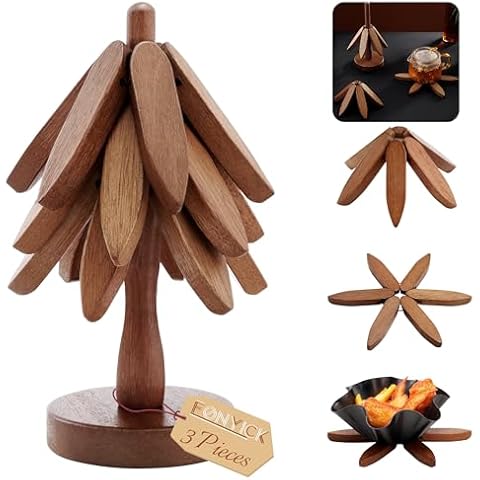Wooden Tree Coasters with Holder, Wooden Trivets for Hot Dishes Decorative Christmas Tree Shape Includes 3 Pcs Hot Plate Mats, Tree Trivets for Hot Pots and Pans, Hot Pads for Countertop, Sapele Cover