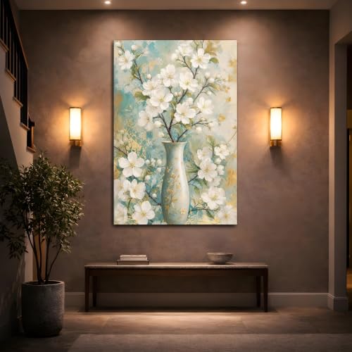 Décoration murale salon fleurs blanches art moderne vertical