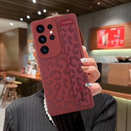 Image of Compatible with Samsung Galaxy S25 Ultra Case with Strap Wrist | Cheetah Print Shockproof Soft TPU Protective Cover for Women Girls, Slim Anti Scratch Case 6.9 Inch, Wine Red