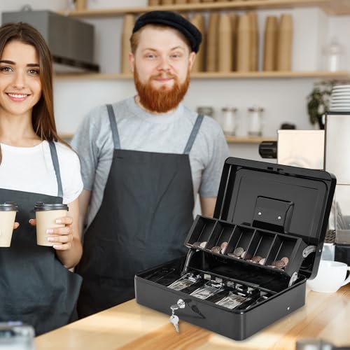 Polspag Caixa para dinheiro com cadeado e 2 chaves, caixa de dinheiro de metal com bandeja de dinhei