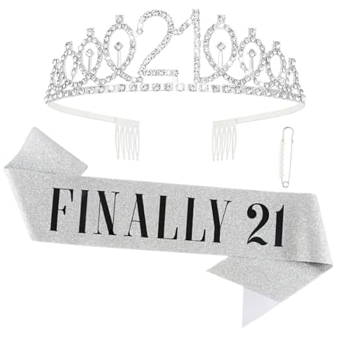 CAVETEE Silver FINALLY 21 Birthday Sash and Crown for Women 21st Birthday Tiaras and Sash Set for Women Birthday Decorations Silver Birthday Queen Crowns Tiaras for Women Cover