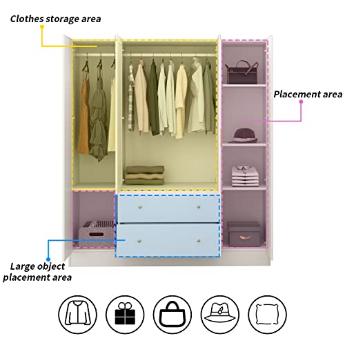 ECACAD Wardrobe Armoire with Mirror, 5-Tier Shelves, 2 Drawers, 2 Hanging Rods and 4 Doors, 63”W Wooden Closet Storage Cabinet for Bedroom, White