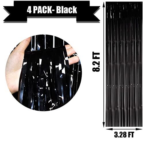 Image of 4 Pack Black Foil Fringe Curtain Backdrop, 3.28Ft x 8.2Ft Metallic Tinsel Streamer Curtains for Party, Photo Booth Props, Birthday, 2022 Graduation Decoration Party Supplies