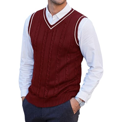 Mens V-Neck Knitted Sweater Vest Cable Knit Slim Fit Pullover Vests Casual Sleeveless Sweater Vest