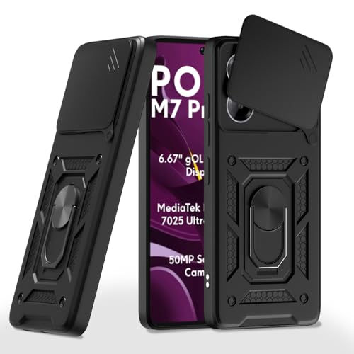 Image of Pikkme Back Cover for Poco M7 Pro 5G | D10 Tough Armor | 360 Protection Case | Sliding Camera Shield Cover & Ring Holder Stand Bumper Case (Black)