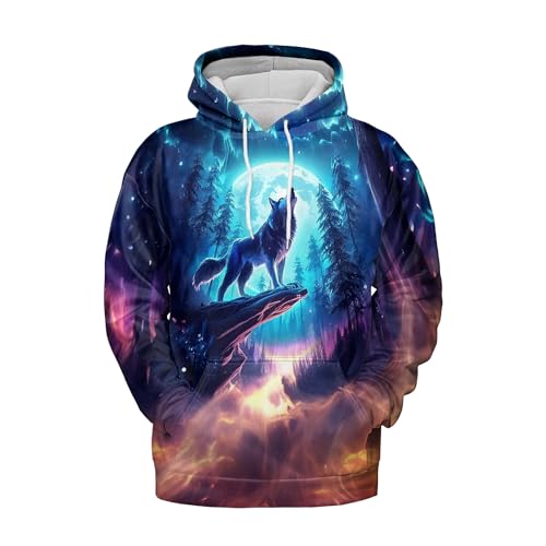 Wolf Hoodies For Men 3D Print Three Wolf Moon Adults Wolves Face Hooded Galaxy Sweatshirt Wolf