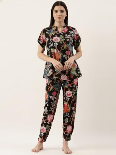 Image of SANSKRUTIHOMES Women's Premium 100% Cotton Printed Co-Ord Set | Short Sleeve Shirt & Pant Set | Pink Checkered Sun & Palm Tree Print | Casual Summer Resortwear, Vacation Wear & Comfortable Loungewear