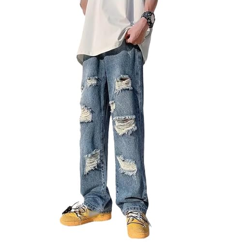 jupkem Men's Y2k Casual Ripped Jeans Fashion Straight-Leg Baggy Street Style Jeans Hip-hop Harajuku Distressed streetrwear