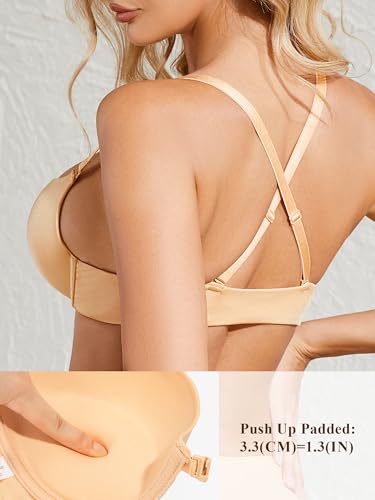 Image of Front Closure Bra Push Up Plunge V Front Clasp Bras Padded Add Cup Demi Underwire Lift T Shirt Smooth Bralette(Warm Nude, 36D)