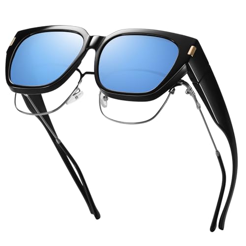 HAOLOTA Polarized Fit Over Glasses Sunglasses for Women Men Trendy Square Wrap Around Shades UV Protection L Size 18 Black/Blue