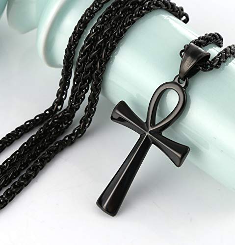 Hzman Men's Black Stainless Steel Coptic Ankh Cross Religious Pendant Necklace, 22+2" Rope Chain (Black) #TOP3
