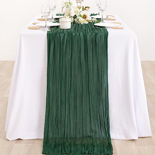 Image of MLMC 2 Pack Emerald Green Table Runner Boho Dark Green Cheesecloth Table Runner 10ft Sheer Gauze Cheese Cloth Decorations for Wedding Bridal Shower Home Party Decor