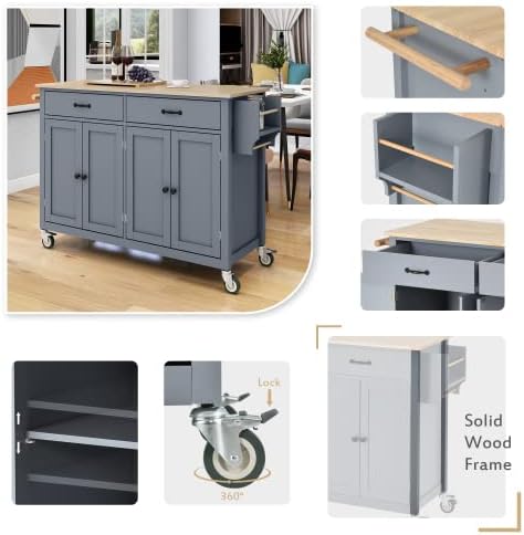 Miniatura 10 de Carrito de isla de cocina con parte superior de madera maciza y ruedas de bloqueo, 54.3 pulgadas de ancho, armario de 4 puertas y dos cajones,
